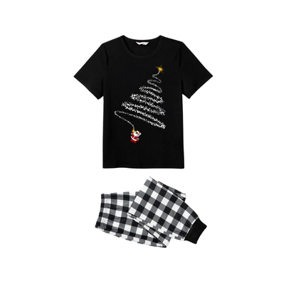 Santa Climbing Christmas Tree Family Pajamas Set - Black Top Black and White Plaid Pants White Tree Graphic