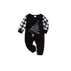 Santa Climbing Christmas Tree Family Pajamas Set - Black Top Black and White Plaid Pants White Tree Graphic