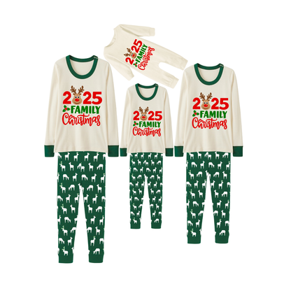 Green Cute Deer Print Christmas Pajamas Set With Deer and "2025 Family Christmas" Text Print