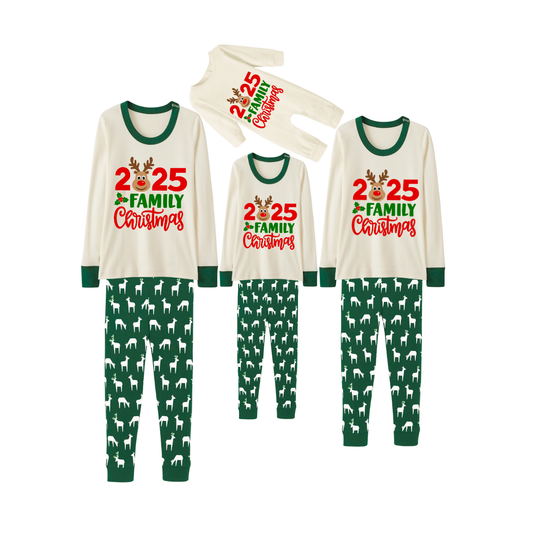 Green Cute Deer Print Christmas Pajamas Set With Deer and "2025 Family Christmas" Text Print