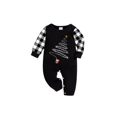 Santa Climbing Christmas Tree Family Pajamas Set - Black Top Black and White Plaid Pants White Tree Graphic