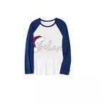 Christmas Hat and 'Believe“ Letter Print Patterned Blue Sleeve Contrast Tops and Blue Plaid Pants Family Matching Pajamas Sets With Dog Bandan