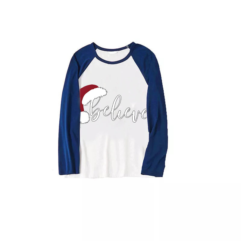 Christmas Hat and 'Believe“ Letter Print Patterned Blue Sleeve Contrast Tops and Blue Plaid Pants Family Matching Pajamas Sets With Dog Bandan