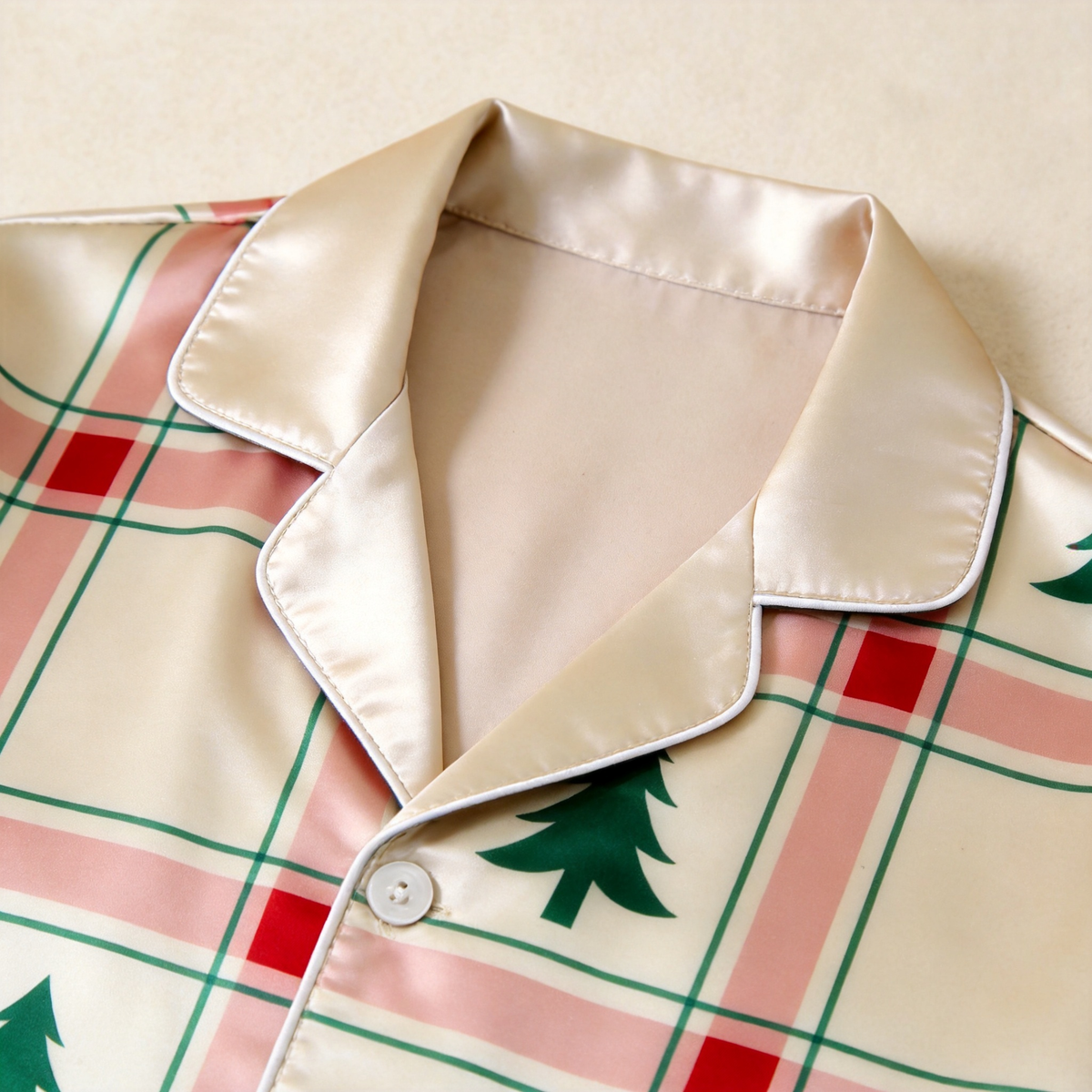 Family Christmas Tree Satin Pajama Set Festive Plaid Button-Front Holiday Sleepwear Lounge Top and Pants