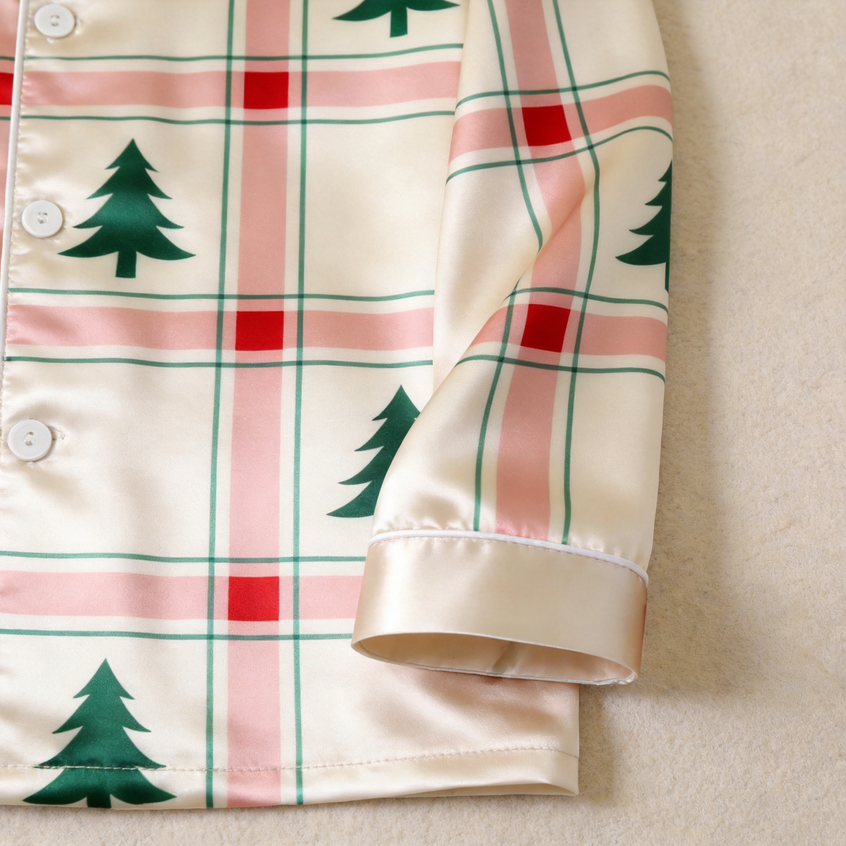 Family Christmas Tree Satin Pajama Set Festive Plaid Button-Front Holiday Sleepwear Lounge Top and Pants