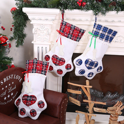 Christmas Tree Ornaments Love Dog Paw Red/Blue Plaid Christmas Stocking