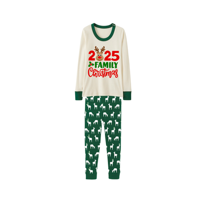Green Cute Deer Print Christmas Pajamas Set With Deer and "2025 Family Christmas" Text Print