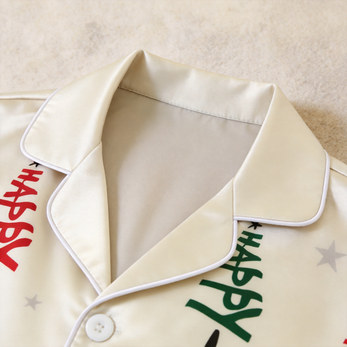 Satin Happy Christmas Tree Print Family Matching Pajamas Set Long Sleeve Button-Down Festive Sleepwear