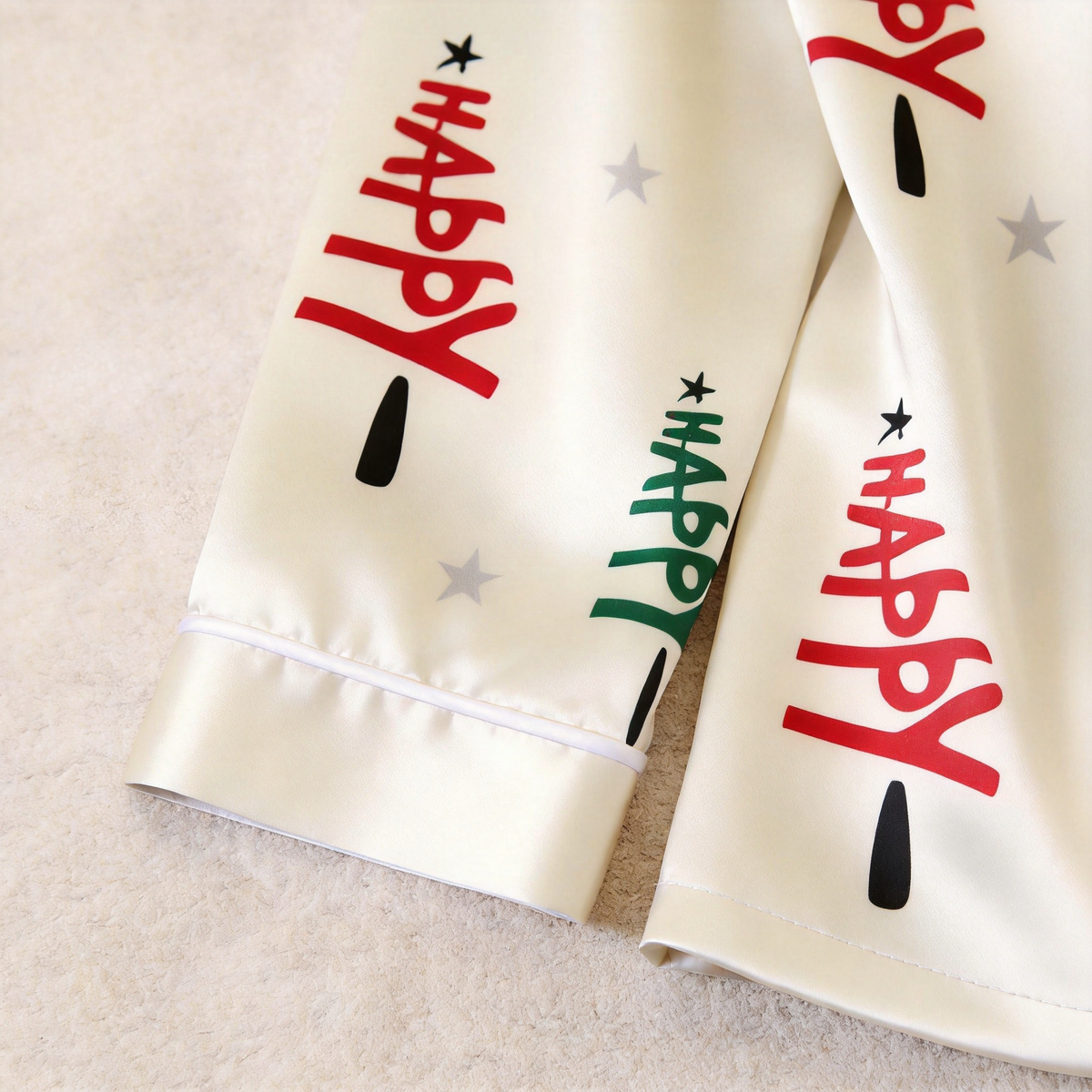 Satin Happy Christmas Tree Print Family Matching Pajamas Set Long Sleeve Button-Down Festive Sleepwear