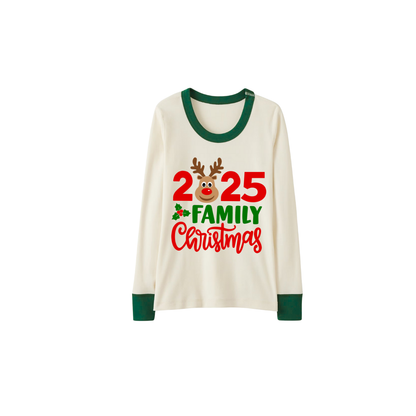 Green Cute Deer Print Christmas Pajamas Set With Deer and "2025 Family Christmas" Text Print