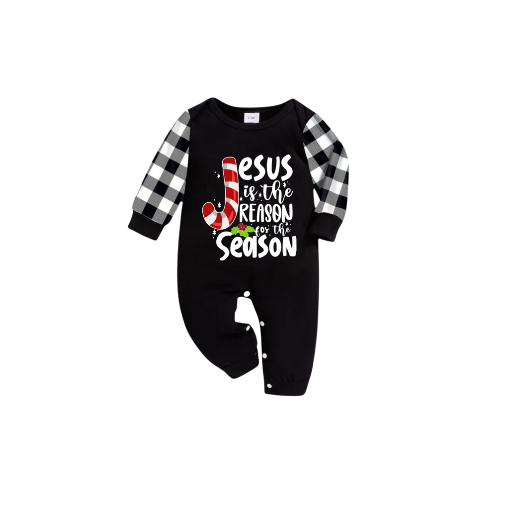 Jesus Is The Reason For The Season Family Christmas Pajamas Set - Black Top Black and White Plaid Pants White Graphic Text