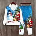 Holiday Couple Button-Up Santa and Snowman Printed Satin Christmas Pajamas Set