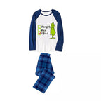 Christmas "Naughty&Nice& I Tried" Letter Print Patterned Casual Long Sleeve Sweatshirts Blue Sleeve Contrast Tops and Blue Plaid Pants Family Matching Pajamas Sets With Pet Bandana