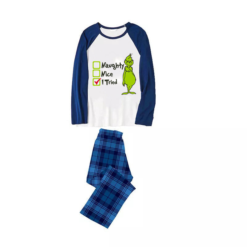 Christmas "Naughty&Nice& I Tried" Letter Print Patterned Casual Long Sleeve Sweatshirts Blue Sleeve Contrast Tops and Blue Plaid Pants Family Matching Pajamas Sets With Pet Bandana
