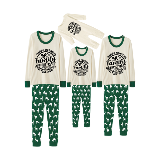 Green Cute Deer Print Christmas Pajamas Set With "Making Memories Together Family Christmas 2025 " Text Print