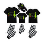 Naughty Nice I Tried Grinch Family Christmas Pajamas Set - Black Top Black and White Plaid Pants Green Graphic