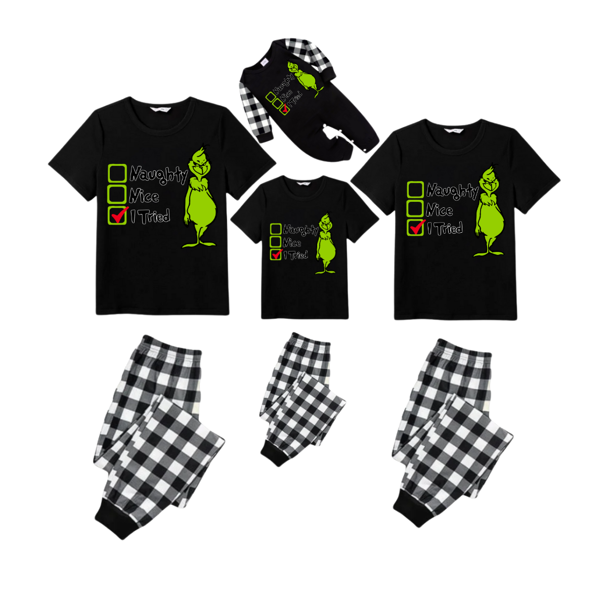 Naughty Nice I Tried Grinch Family Christmas Pajamas Set - Black Top Black and White Plaid Pants Green Graphic