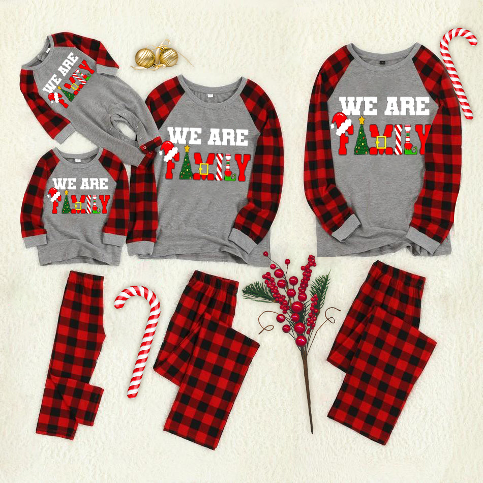 Christmas Tree Patterned  and "2024 Making Memories Together" Letter Print Contrast top and Plaid Pants Family Matching Pajamas Set With Dog Bandana