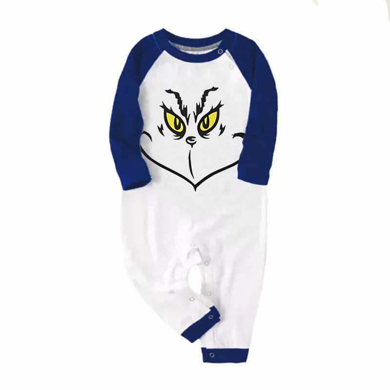 Christmas Cartoon Face Print Blue Contrast Top and Black and Blue Plaid Pants Family Matching Pajamas Sets With Dog Bandana