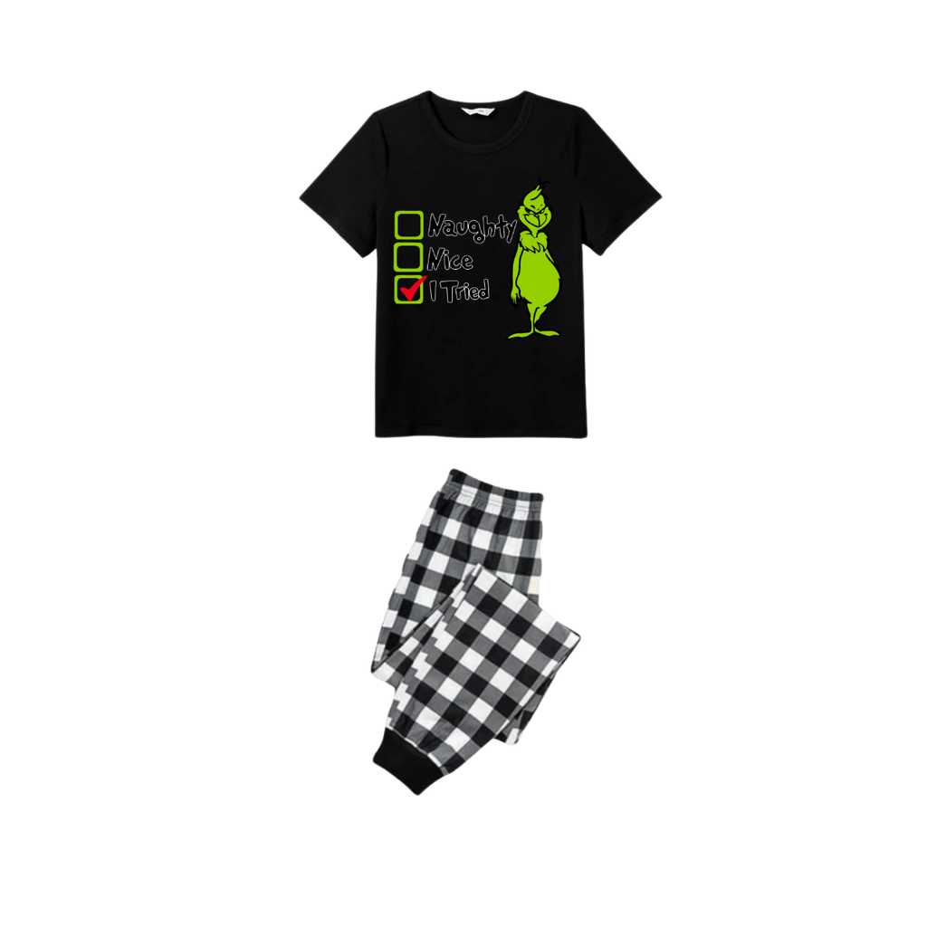 Naughty Nice I Tried Grinch Family Christmas Pajamas Set - Black Top Black and White Plaid Pants Green Graphic