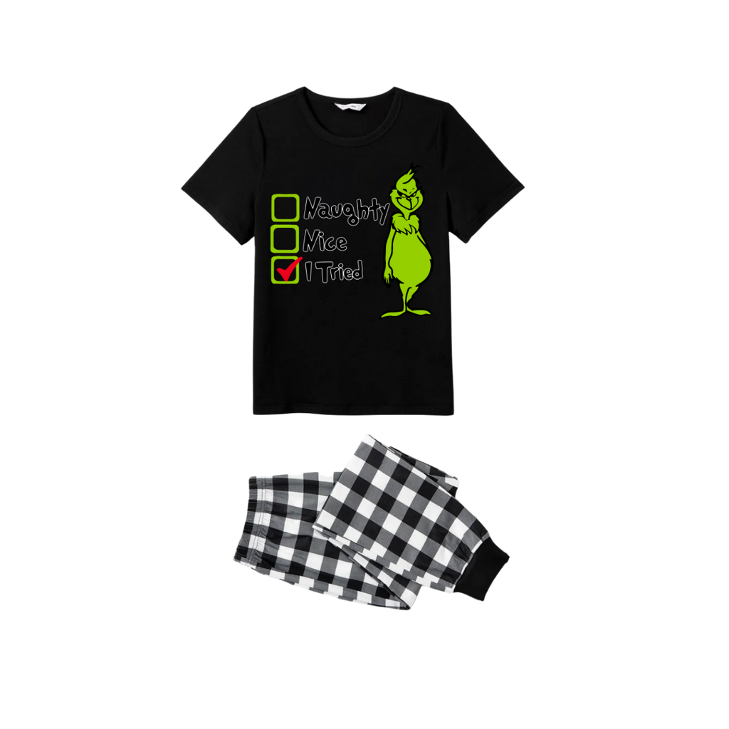 Naughty Nice I Tried Grinch Family Christmas Pajamas Set - Black Top Black and White Plaid Pants Green Graphic