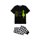 Naughty Nice I Tried Grinch Family Christmas Pajamas Set - Black Top Black and White Plaid Pants Green Graphic