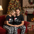 Believe Couple Christmas Pajamas Set - Black Top Black and White Plaid Pants White Text Graphic