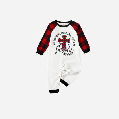My Favorite Christmas Light Is Jesus Family Christmas Pajamas Set - White Top with Red Plaid Sleeves and Red Plaid Pants