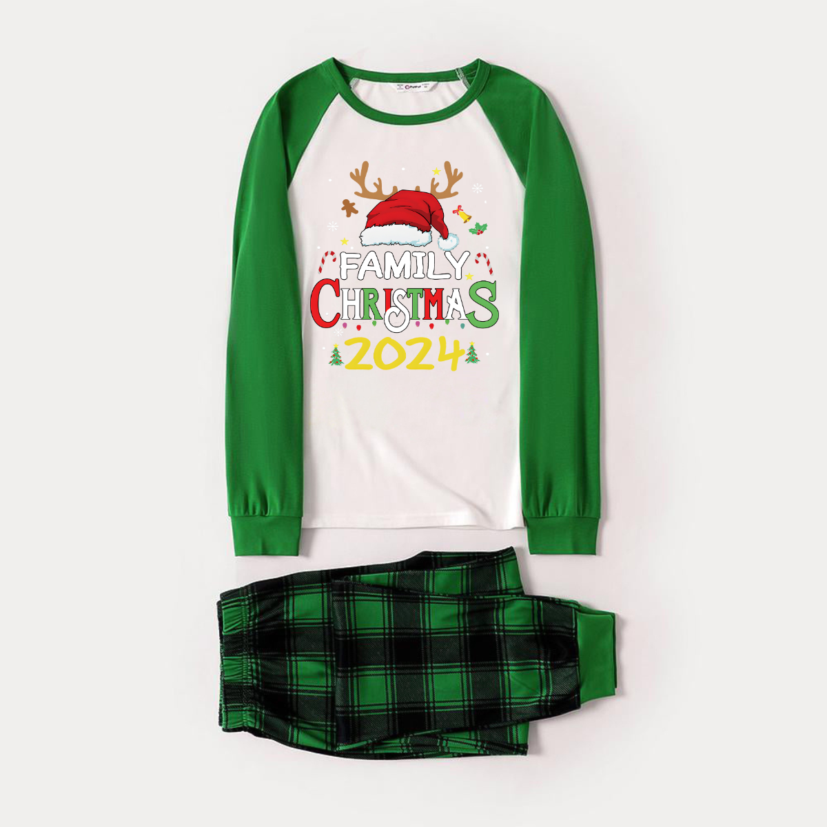 Family Christmas Shirts Santa Hat Christmas Deer Patterned and 'FAMILY CHRISTMAS 2024  ' Letter Print Contrast Tops and Black and Gren Plaid Pants  Family Matching Raglan Long-sleeve Pajamas Sets