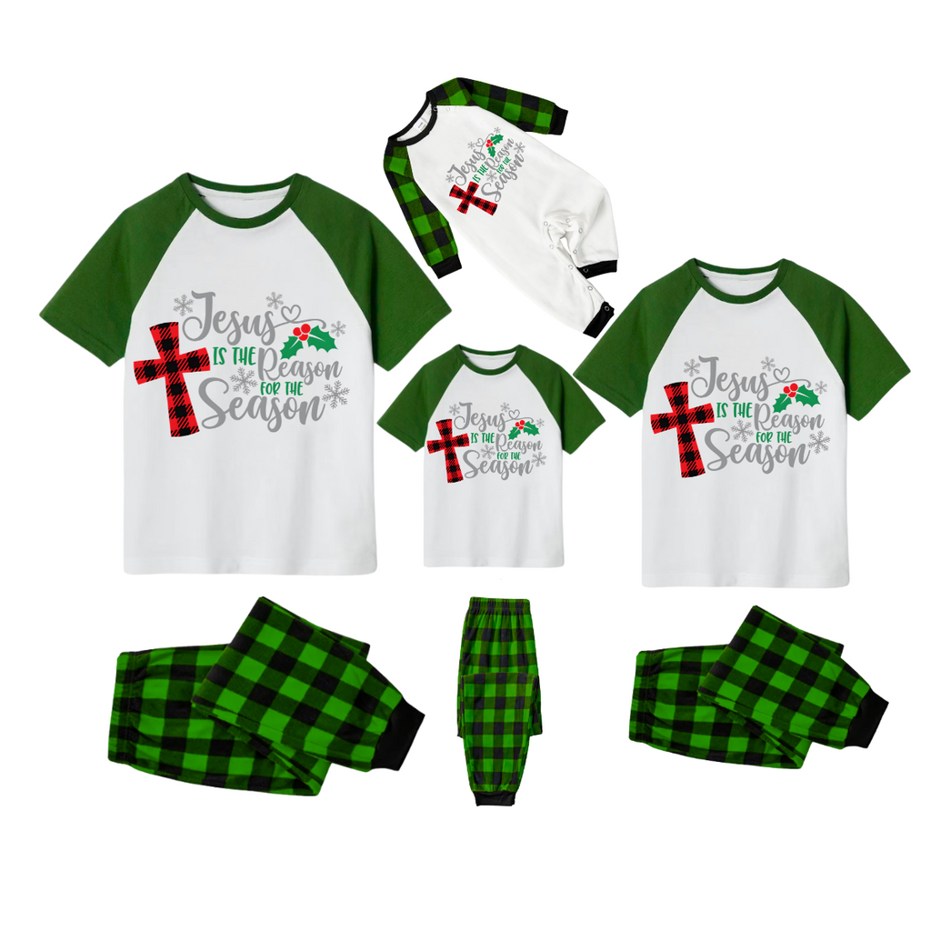 Jesus is the Reason Family Christmas Pajamas Set - White Top, Green Plaid Pants, Green Sleeves, Red Plaid Cross and Holly Print
