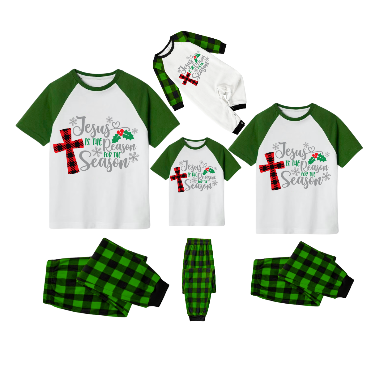 Jesus is the Reason Family Christmas Pajamas Set - White Top, Green Plaid Pants, Green Sleeves, Red Plaid Cross and Holly Print
