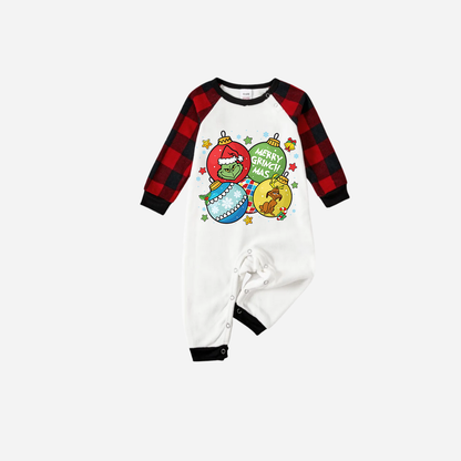 Red and Black Plaid Christmas Pajamas Set With Ball Ornaments and Grinch Print