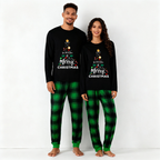 "We Wish You a Merry Christmas" Printed Black & Green Plaid Pants Family Matching Pajamas