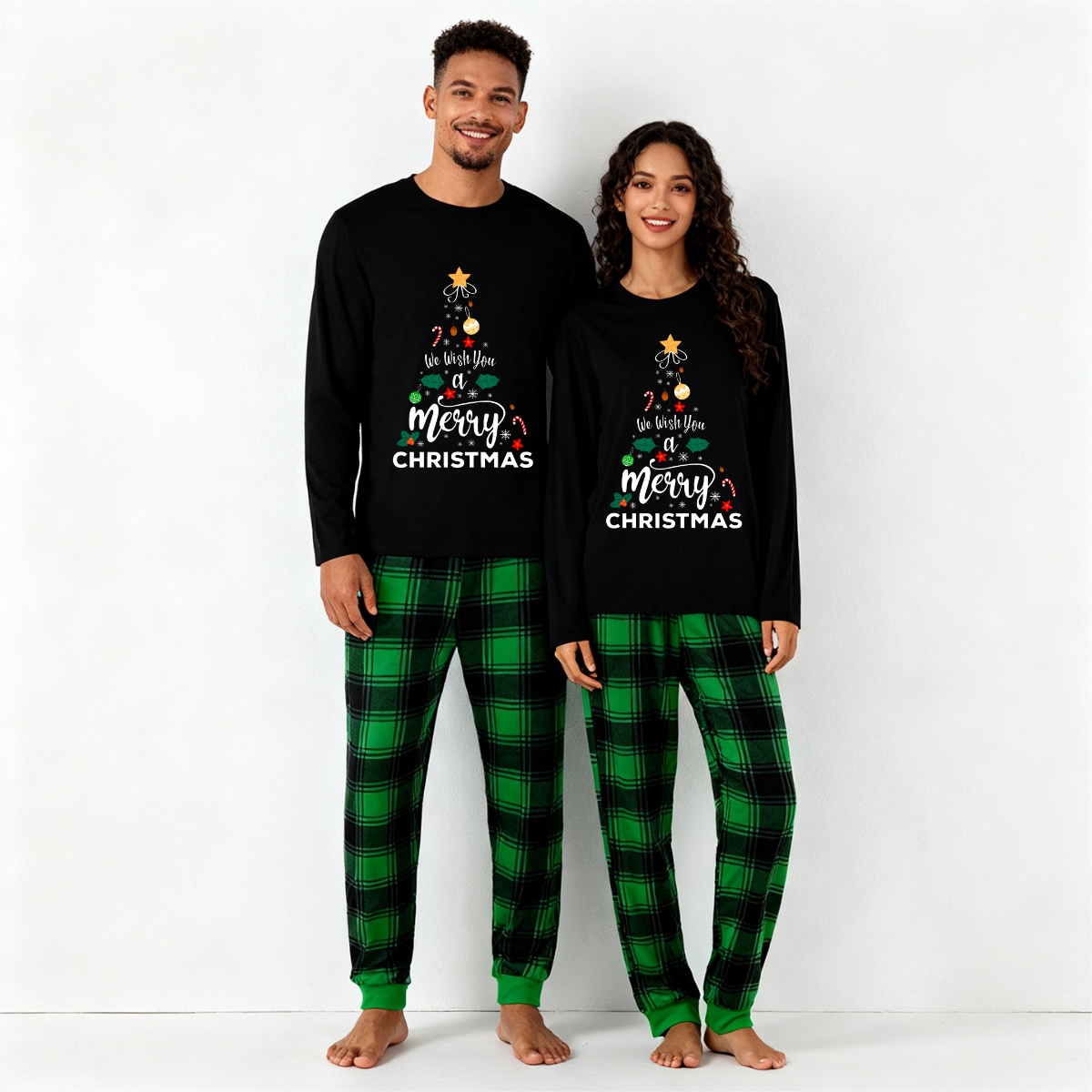 "We Wish You a Merry Christmas" Printed Black & Green Plaid Pants Family Matching Pajamas