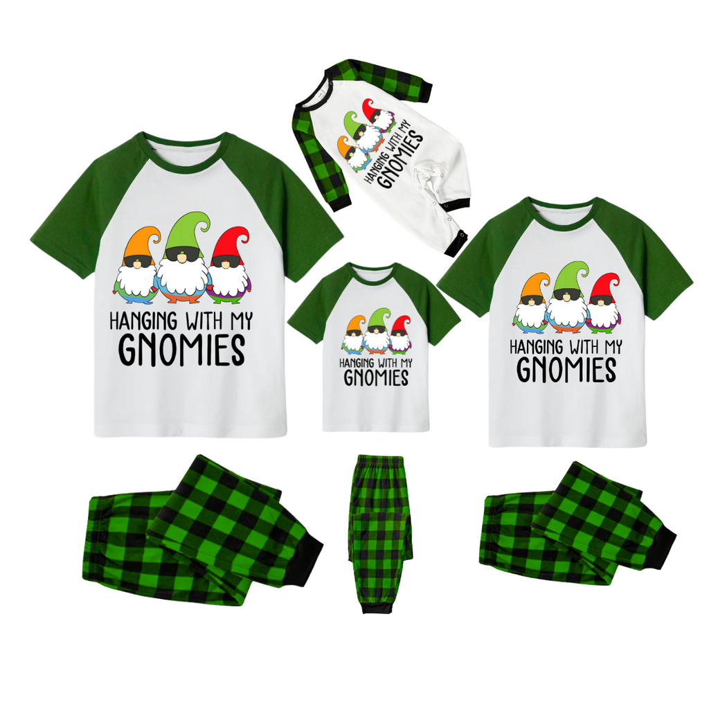 Hanging With My Gnomies Family Pajamas Set - White Top Green Sleeves Green Plaid Pants Colorful Gnomes Graphic