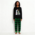 Christmas Family Matching Pajamas-Black Top and Green Plaid Pants Pjs Set with Snowman Cartoon Print