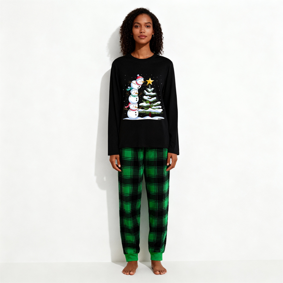 Christmas Family Matching Pajamas-Black Top and Green Plaid Pants Pjs Set with Snowman Cartoon Print