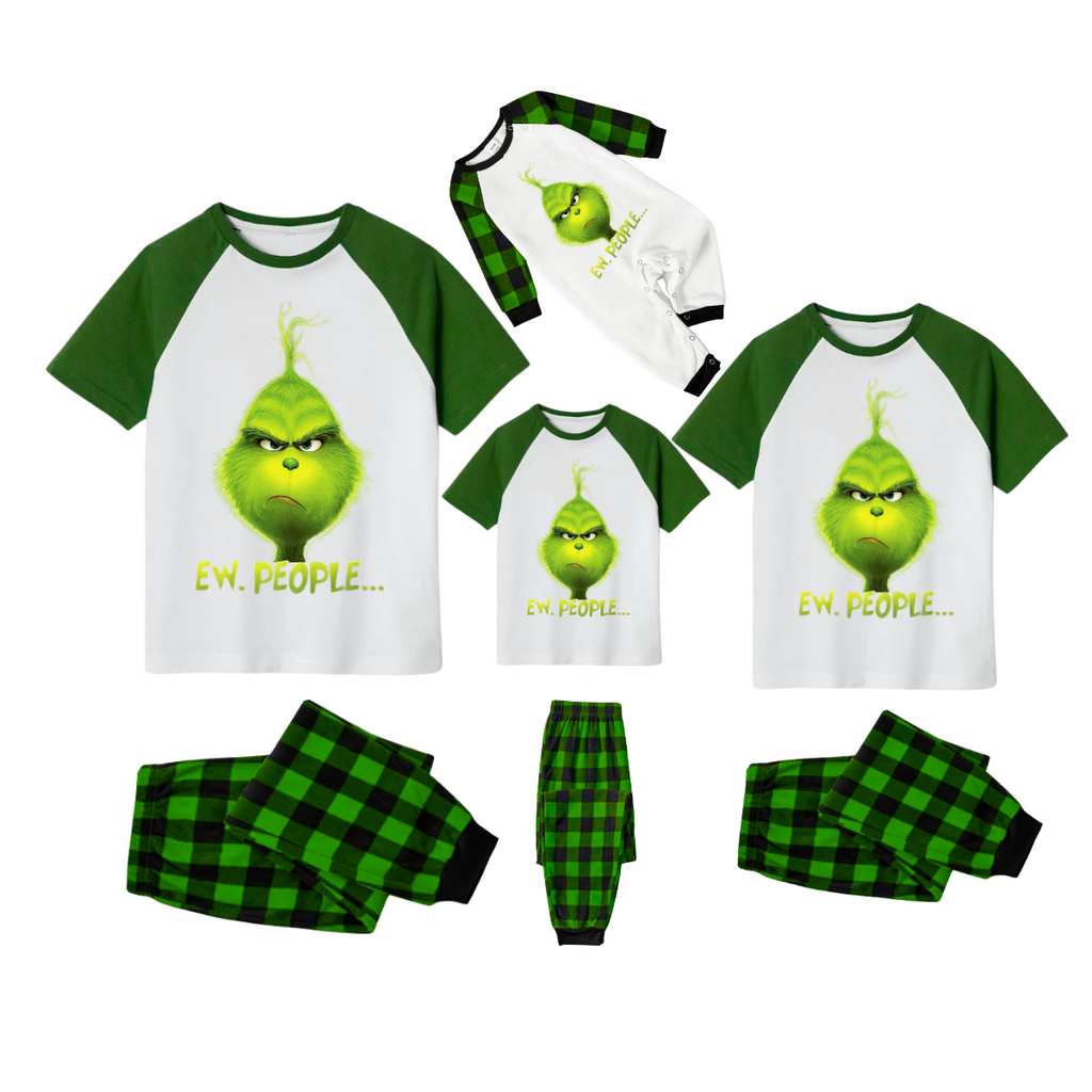 Grinch Ew People Family Pajamas Set - White Top Green Sleeves Green Black Plaid Pants Grinch Face Graphic