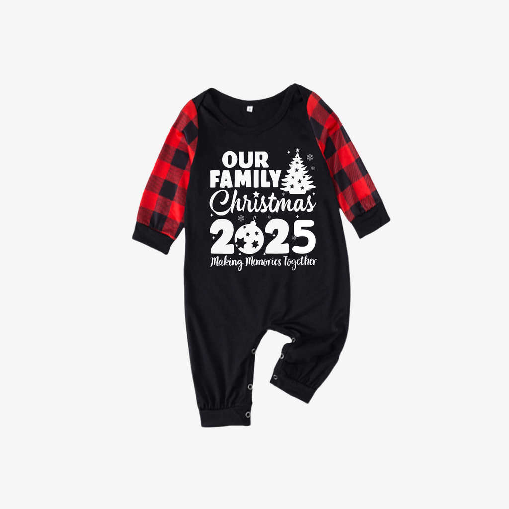 Arrive in 3-5 days - Christmas Tree & "2025 Making Memories Together" Patterned Contrast top and Black & Red Plaid Pants Family Matching Pajamas Set