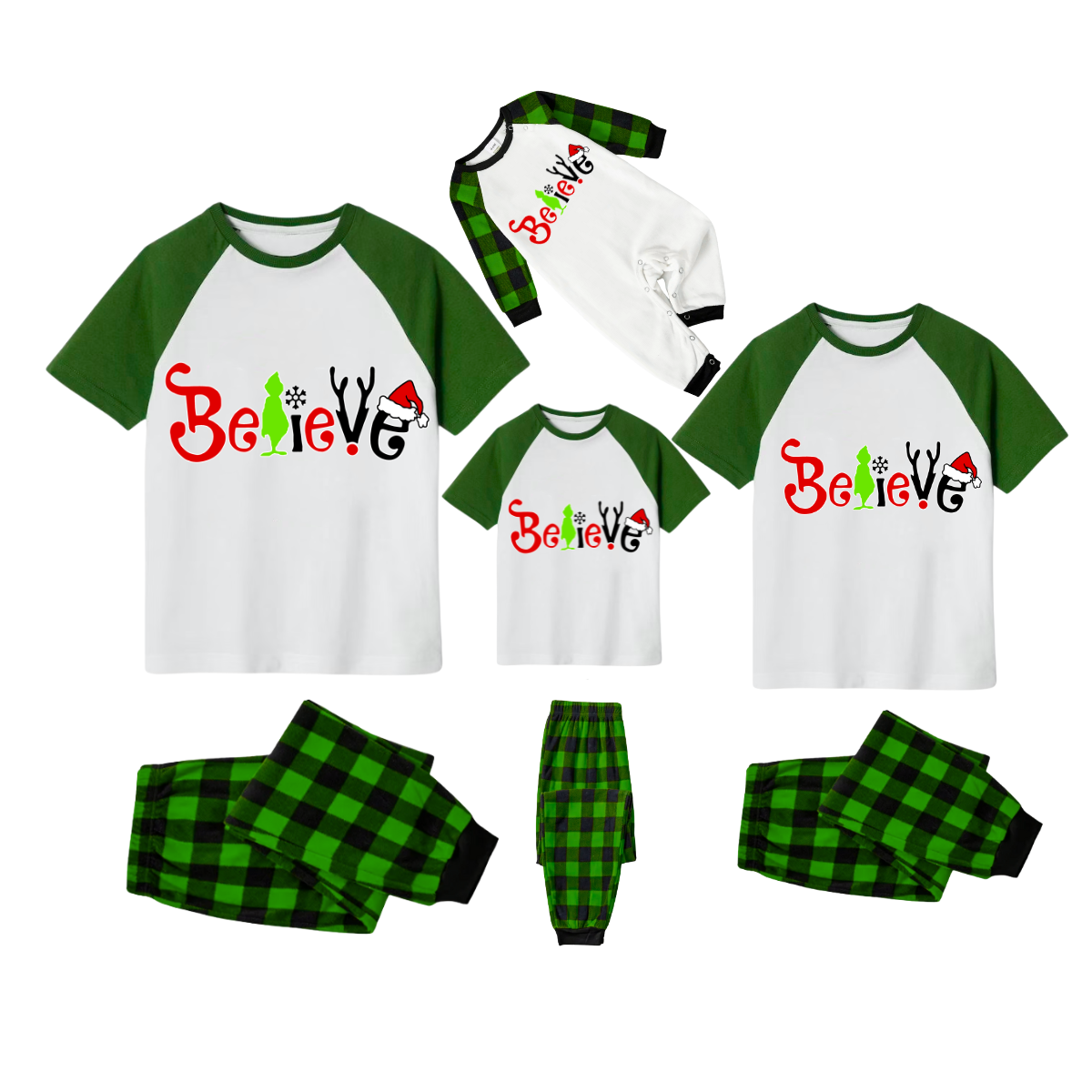 Believe Family Christmas Pajamas Set - White Top Green Sleeves Green Plaid Pants Green Red and Black Graphic