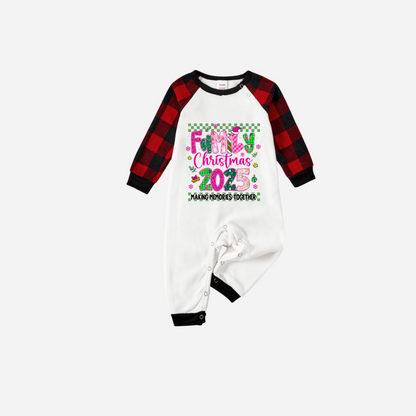 "Family Christmas 2025" Faux Glitter Black and Red Raglan Sleeves Christmas Pajamas Set
