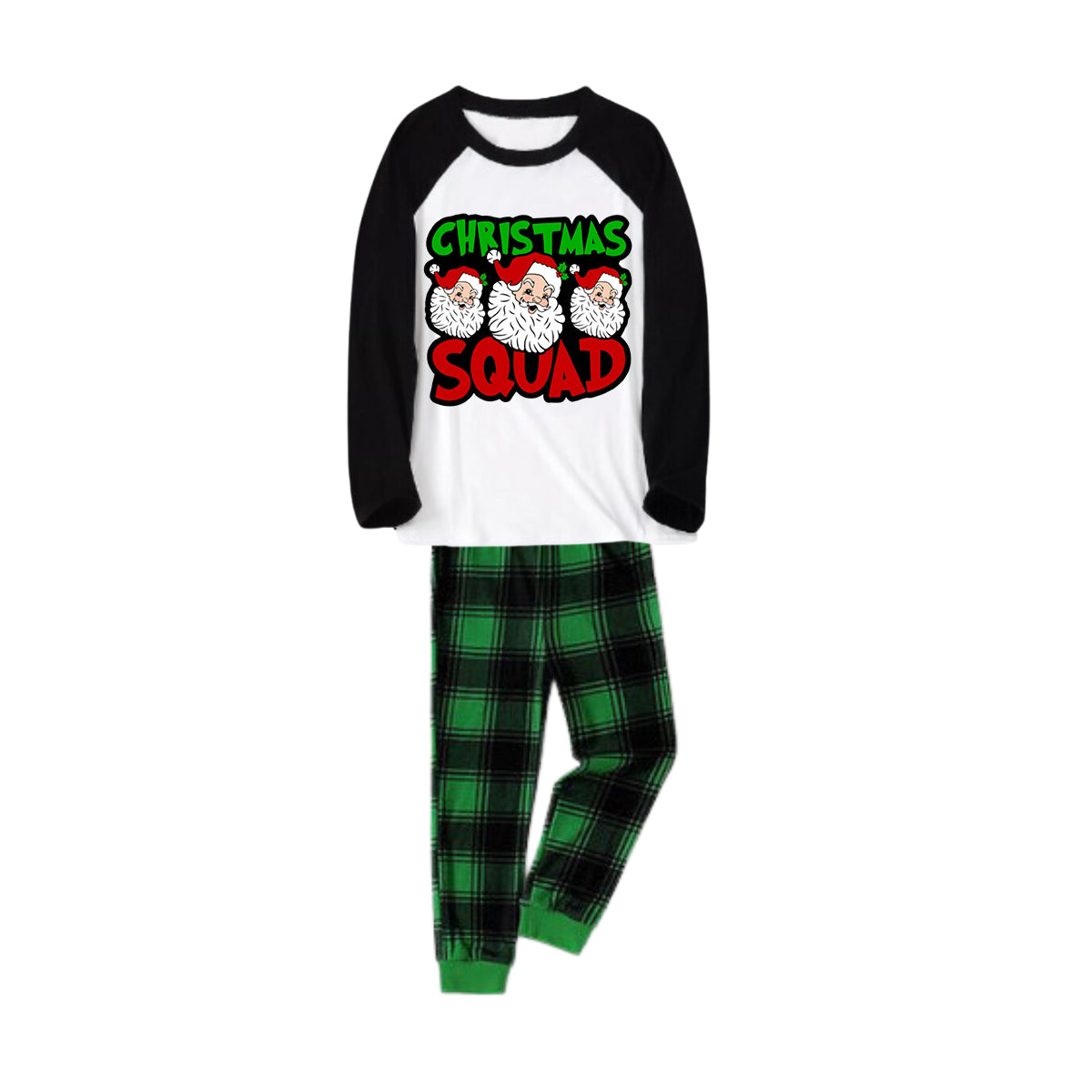 "Christmas Squad" and Santa Printed Green and Black Plaid Christmas Family Pajamas