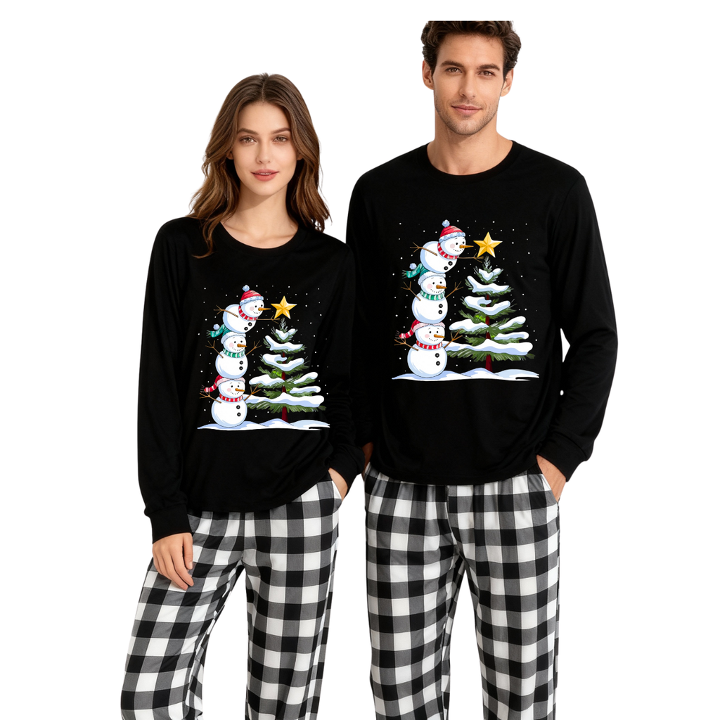Black and White Plaid Christmas Pajamas Set with Snowman & Christmas Tree Print