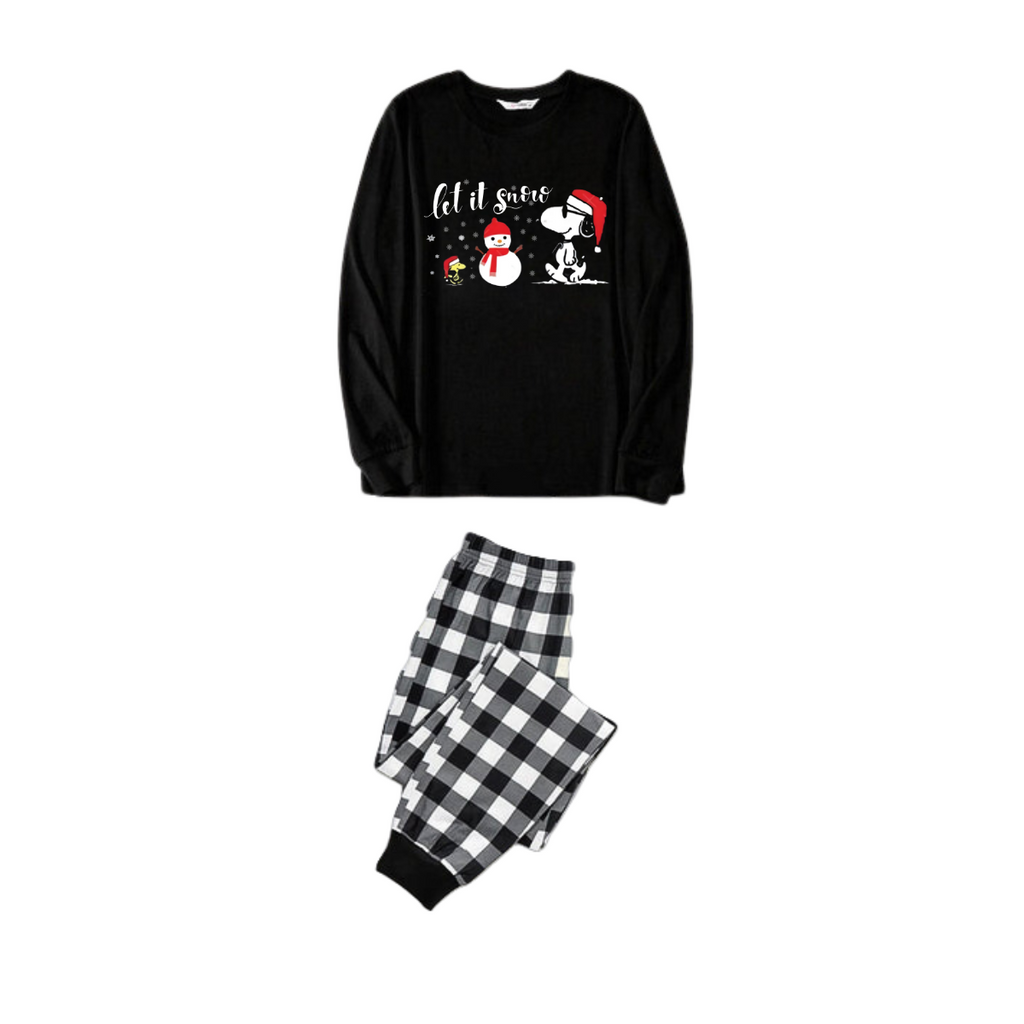 Let it Snow Slogan and Snoopy Printed Black&White Plaid Family Pajama Sets