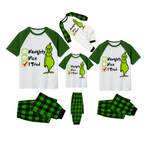 Christmas Grinch Family Pajamas Set - White top Green plaid pants Green raglan sleeves Grinch face with Ew People text
