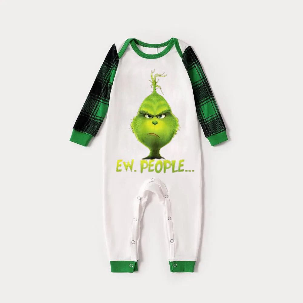 Christmas Cute Cartoon And 'Ew.People...' Letter Print Family Matching Raglan Long-sleeve Pajamas Sets