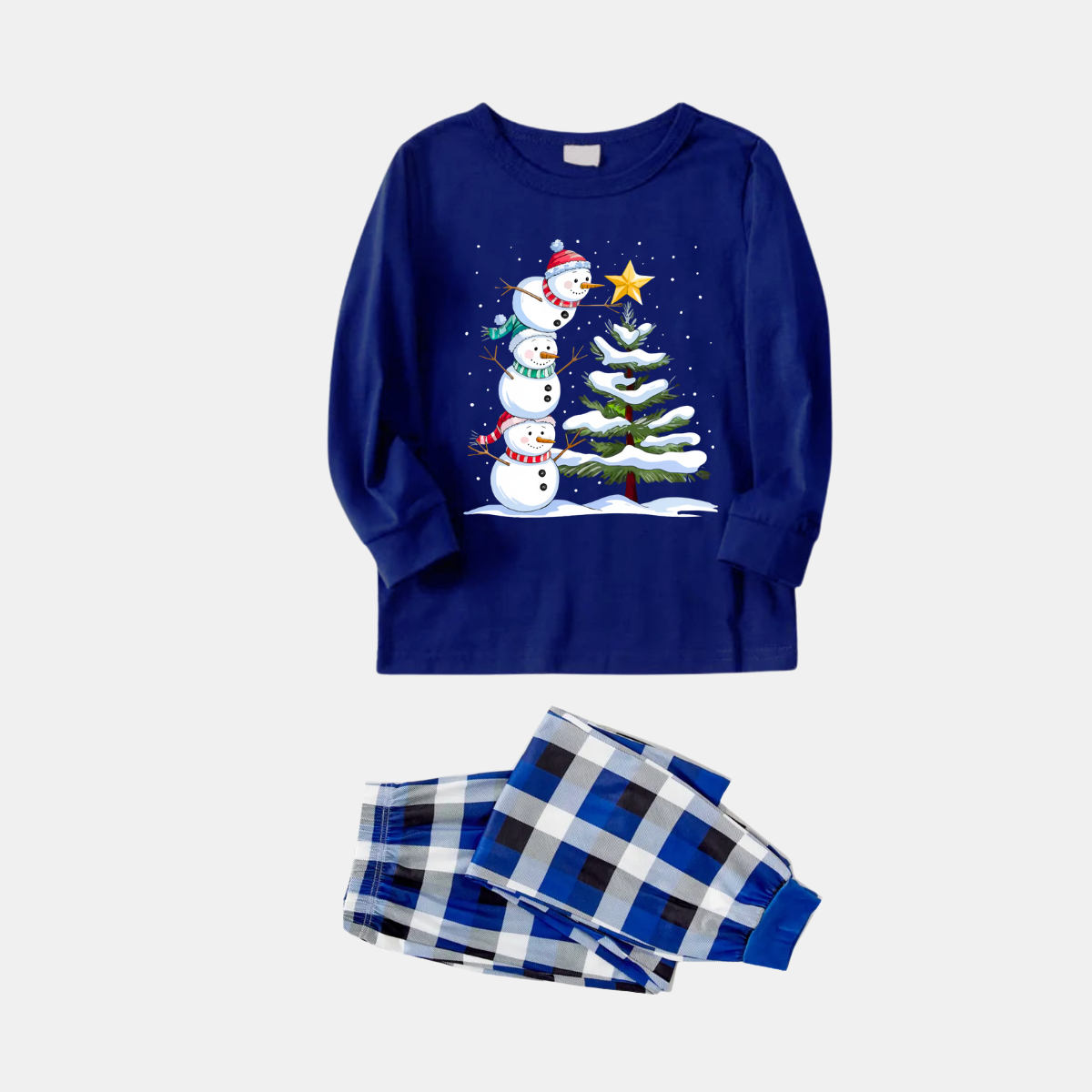 Couple Blue Plaid Pajamas Set with Snowman & Christmas Tree Print