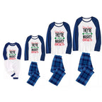 'Dear Santa They Are The Naughty One' Letter Print Casual Long Sleeve Sweatshirts Blue Sleeve Contrast Tops and Blue Plaid Pants Family Matching Pajamas Sets With Dog Bandan