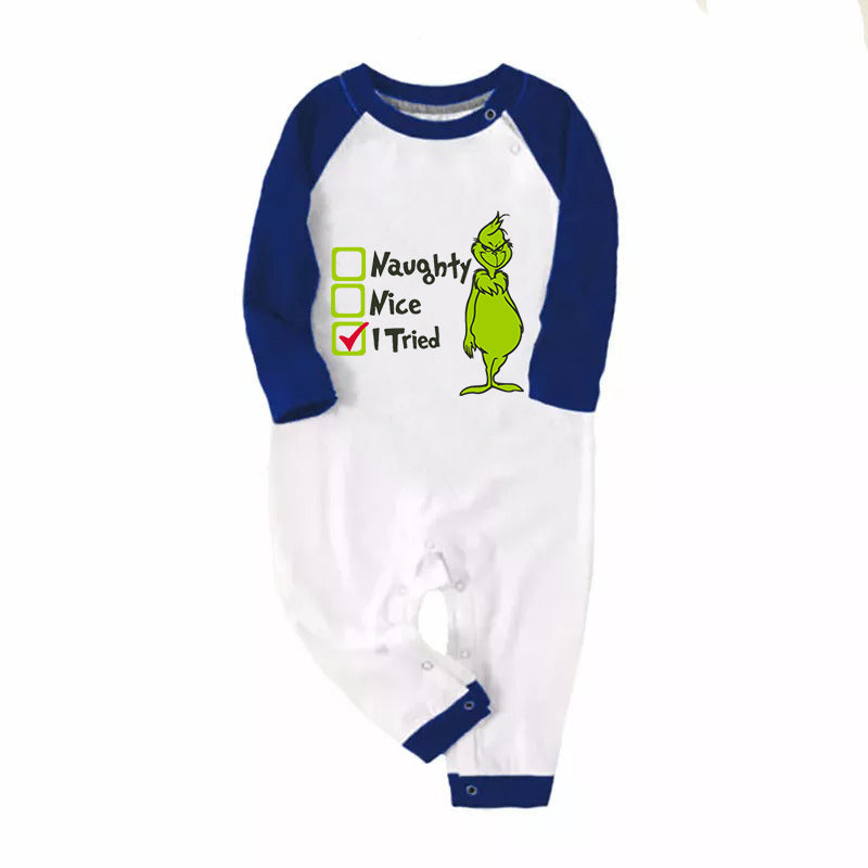 Christmas "Naughty&Nice& I Tried" Letter Print Patterned Casual Long Sleeve Sweatshirts Blue Sleeve Contrast Tops and Blue Plaid Pants Family Matching Pajamas Sets With Pet Bandana