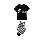 Believe Couple Christmas Pajamas Set - Black Top Black and White Plaid Pants White Text Graphic